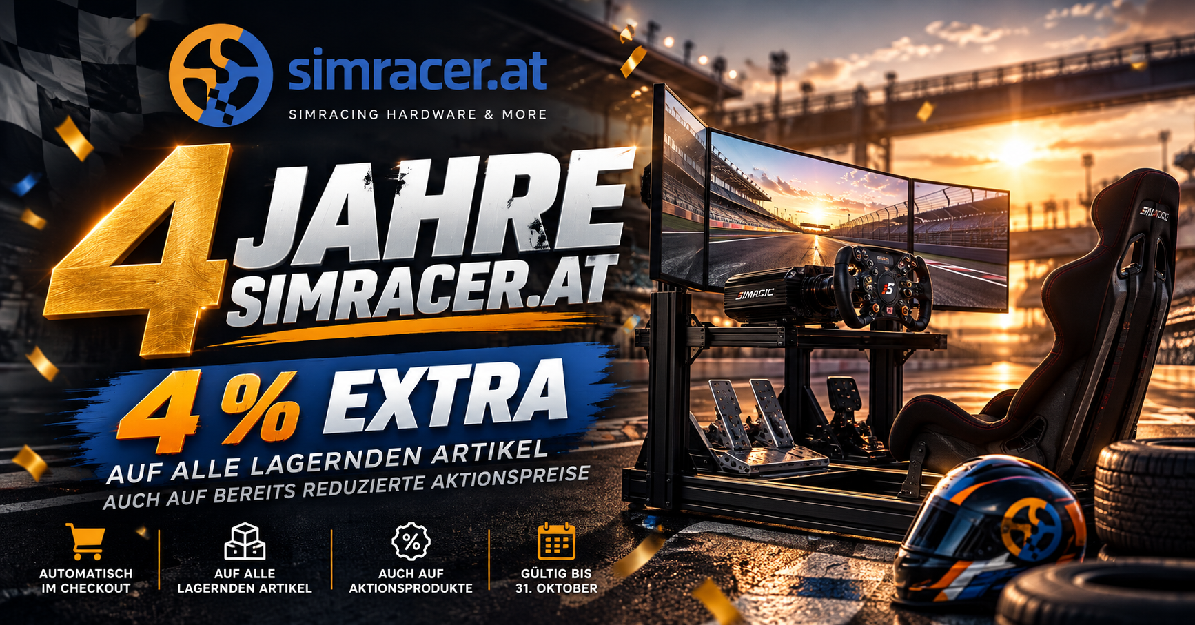 4 Jahre simracer.at – 4 Prozent Jubiläumsrabatt auf Simracing Hardware bis 31. Oktober 2026