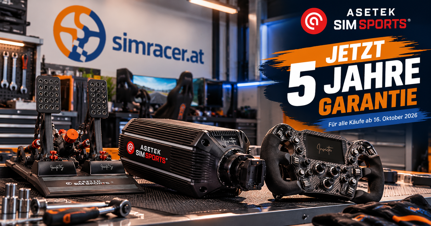 Asetek Racing 5 Jahre Herstellergarantie ab 16. Oktober 2026 auf Wheelbases, Lenkräder, Pedale und Simracing-Zubehör.
