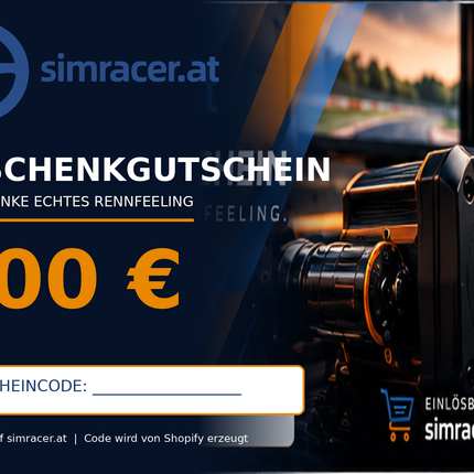 simracer.at Geschenkgutschein 100 Euro mit Simracing Cockpit und Lenkrad