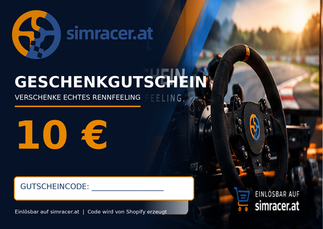 Simracing Geschenkgutschein 10 Euro von simracer.at mit Rennlenkrad